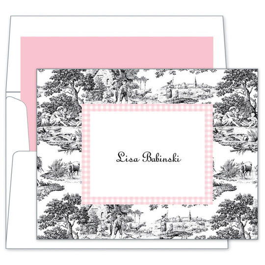 Black Toile & Pink Check Folded Note Cards